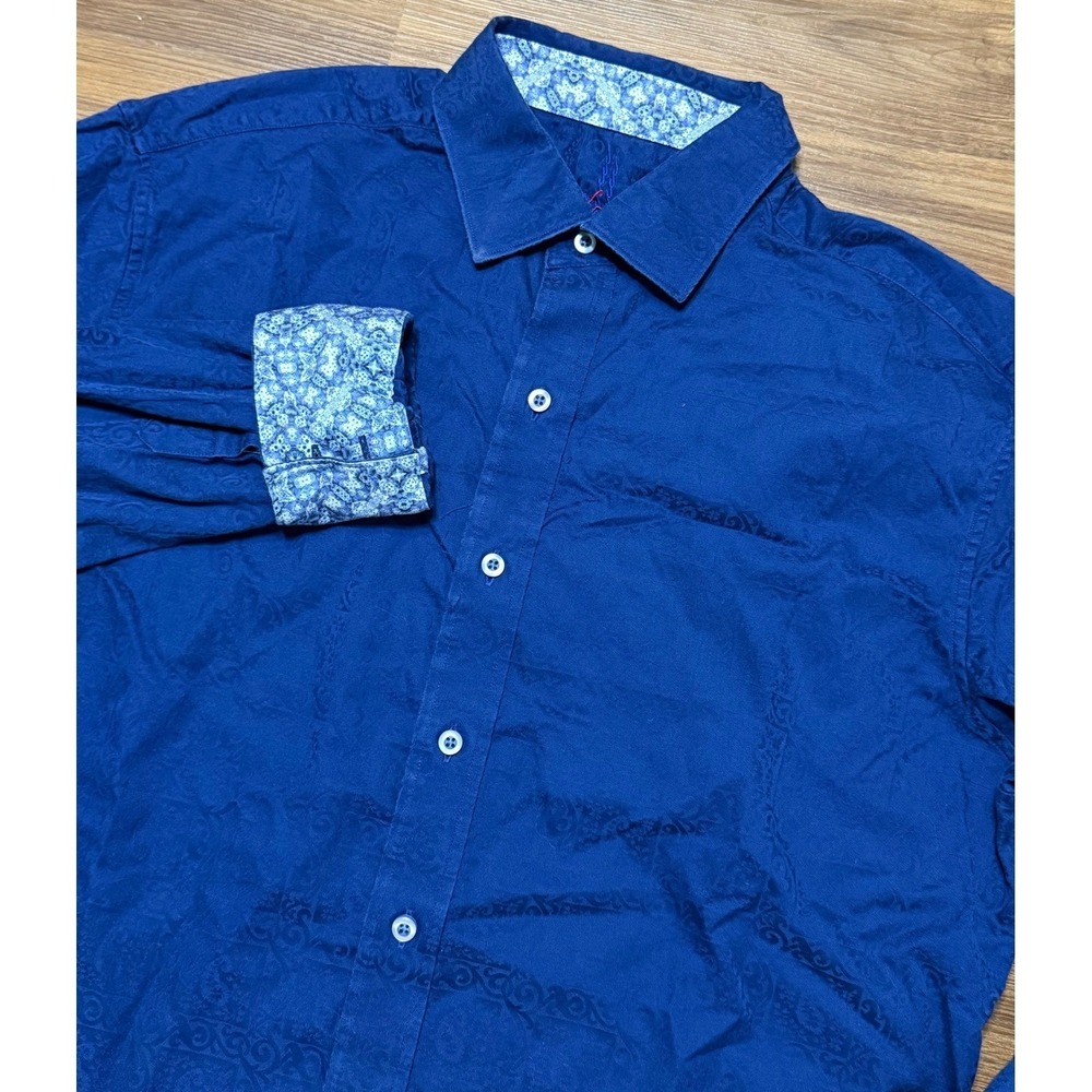 Robert Graham Mens Blue Paisley Jacquard Button Down Flip Cuff Shirt Sz L